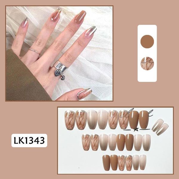 

false nails 24pcs marble fake short ballet wearable charming press on square head full cover, Red;gold