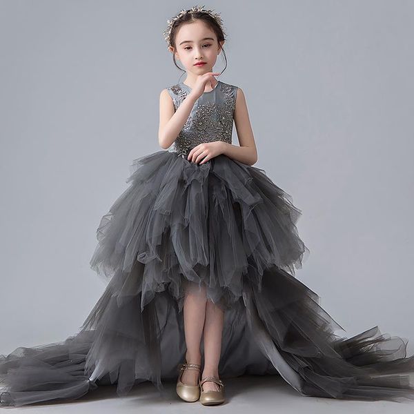 

girl's dresses black lace party sleeveless detachable tulle flower girl birthday pageant dress for kid, Red;yellow