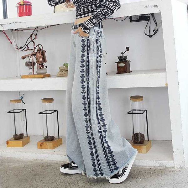

women's jeans cowboy wide-leg trousers loose female spring autumn fashion embroidered pants women straight-leg student 10d8, Blue