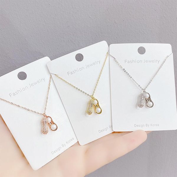 

chains 14k gold plated pearl necklace shining bling zircon women clavicle chain elegant peanut charm wedding pendant jewelry, Silver
