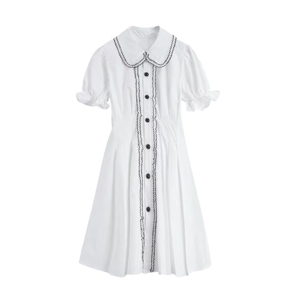 Mulheres White Peter Pan Collar Puff Manga Curta Single-Breasted A-Line Mini Vestido Verão Feminino D2635 210514