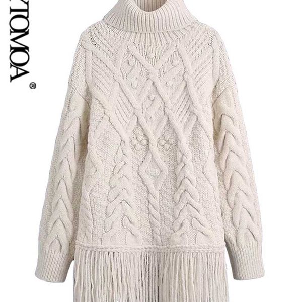 

kpytomoa women fashion with tassel thick warm cable-knit sweater vintage high neck long sleeve female pullovers chic 211214, White;black
