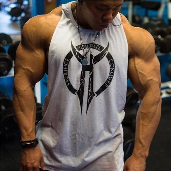 

men' tank men cotton bodybuilding fitness sleeveless vest workout printed under shirt printing mens gyms debardeur homme, White;black