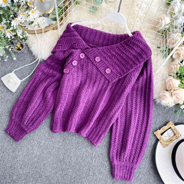 Pull femme tricot extérieur bouton croix slash cou lanterne manches épaule dénudée hauts tricotés femmes pulls GK458 210507