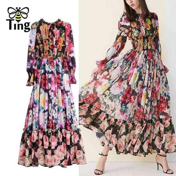 

summer haut plus size maxi dress women elastic waist tiered layers hem rose floral print vintage elegant long de 210513, Black;gray