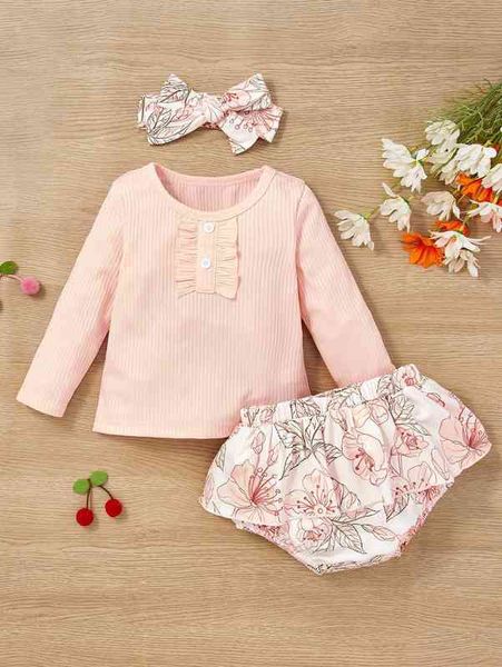 

baby frilled fake button tee & floral print 2 in 1 shorts with headband she, White