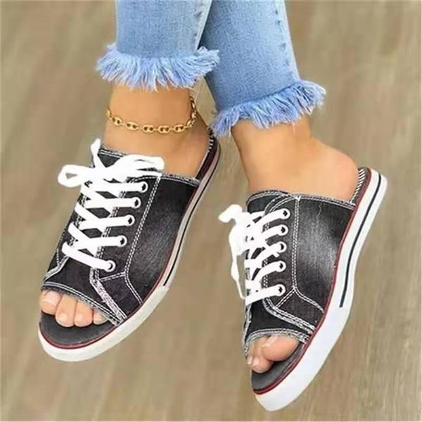 

slippers fashion women denim canvas outdoor ladies beach summer walking shoes female footwear sandals size 35-43, Black