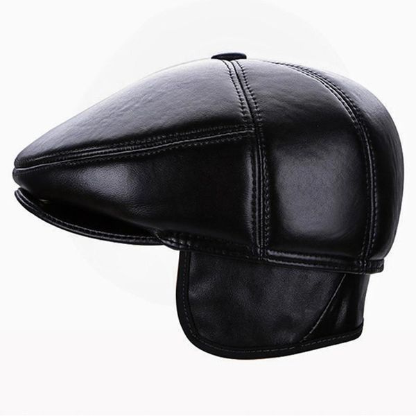 

visors male genuine leather hat men's sheepskin visor ear protection cap winter warm father peaked b-7142, Blue;gray