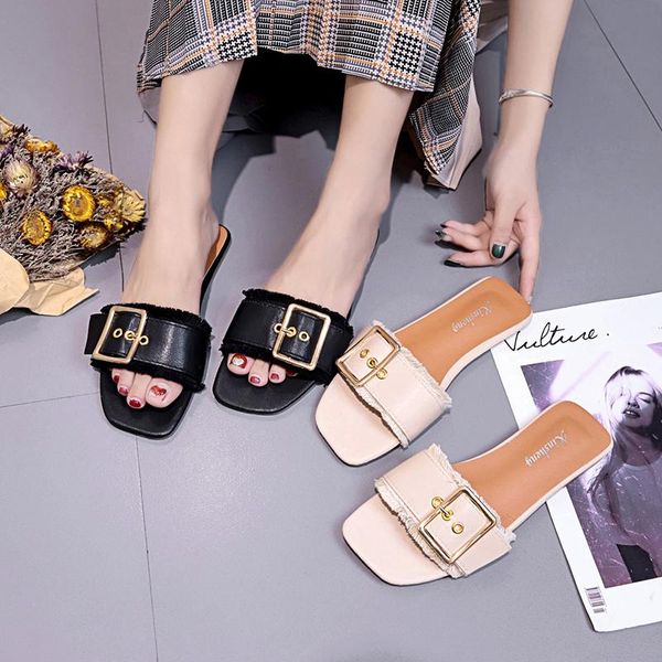 

women's slippers summer 2021 korean version of versatile low heeled, Black