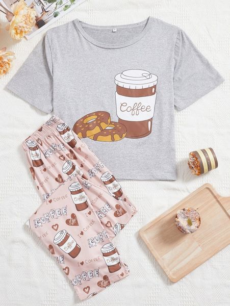 

plus donut & drink print pj set b2jp#, Black;white