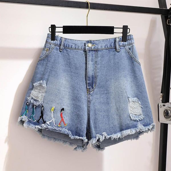 

women's jeans summer denim shorts women plus size waist 111cm hip 155cm 5xl 6xl 7xl 8xl 9xl wide-leg blue color