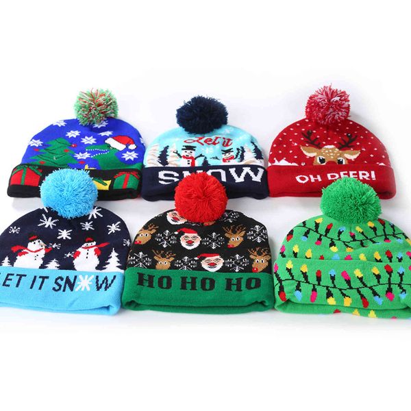 Luci natalizie a LED Natale babbo natale unisex pompon bobble caldo uomo donna ladi bambini berretto invernale lavorato a maglia per bambini