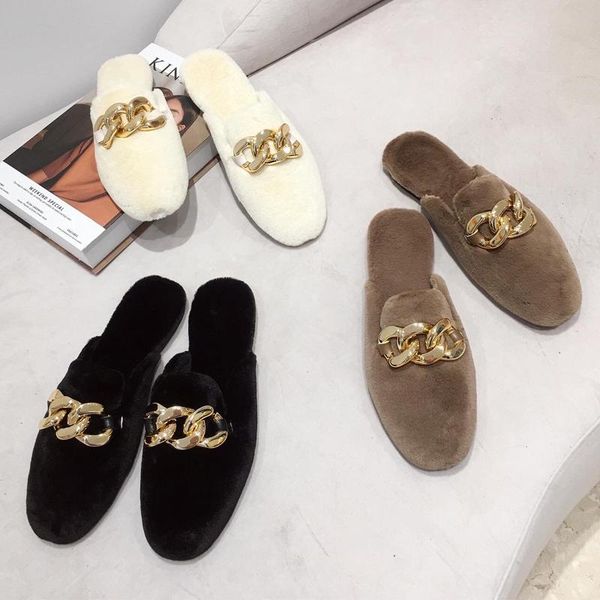 

fur slippers women slip on slides brand metal buckle mule shoes ladie winter warm home flip flops zapatillas mujer, Black