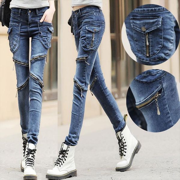 

zipper moto biker skinny women jeans slim cargo pocket punk style pencil pants hip hop woman black grey blue
