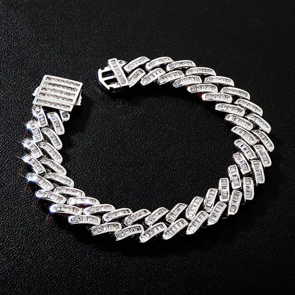 

link, chain wolf tide mens bracelet 12mm baguette prong cuban link iced out cz jewelry hip hop rock fashion gift for party, Black