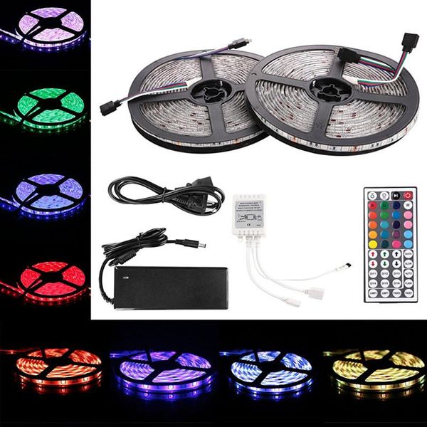 

2x5m smd 600 - leds led rgb strip lights kits waterproof ir remote controller dc 12v power adapter full set strips