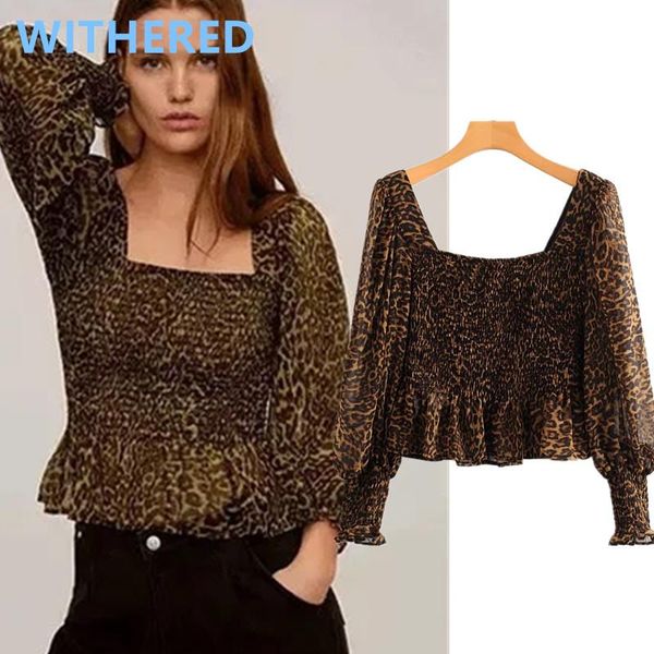 

women's blouses & shirts dave&di england high street vintage pleated leopard print square collar blouse women blusas mujer de moda 2021, White