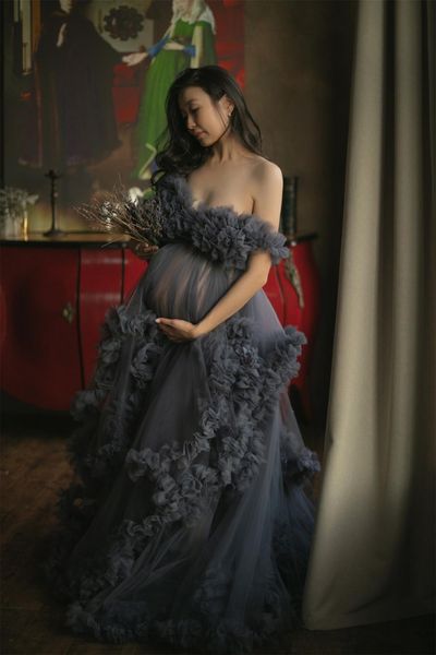 

maternity women evening dresses dark grey tiered ruffled gown for pshoot boudoir lingerie tulle bathrobe nightwear babydoll robe, Black;red