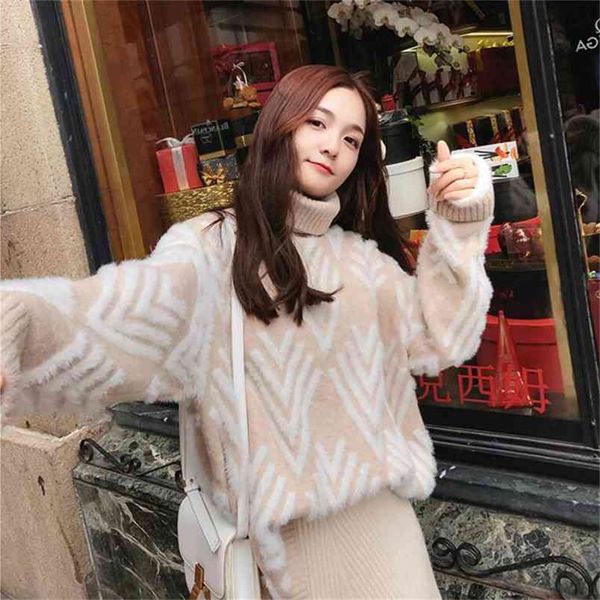 

autumn and winter women's sweater striped long-sleeved hood loose warm inside take knit leisure commute 210427, White;black