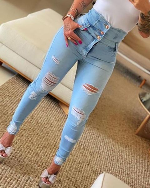 

women's jeans high-rise buttoned ripped women autumn summer 2021 fashion, Blue