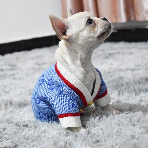 Hundebekleidung Hundepullover mit Design-Buchstabe Katze Winterstrickwaren Warme Kleidung Designer-Haustier-Cardigan für kleine mittelgroße Hundekatzen Blau XL A163