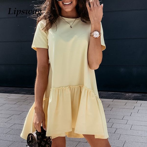 

dress women summer solid color short sleeve casual loose ruffle party ladies elegant o-neck a-line dresses vestidos godz, Black;gray