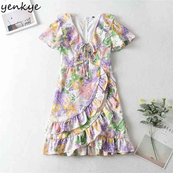 

sweet women multicolor floral print ruffle dress female v neck short sleeve a-line holiday summer mini vestido 210514, Black;gray