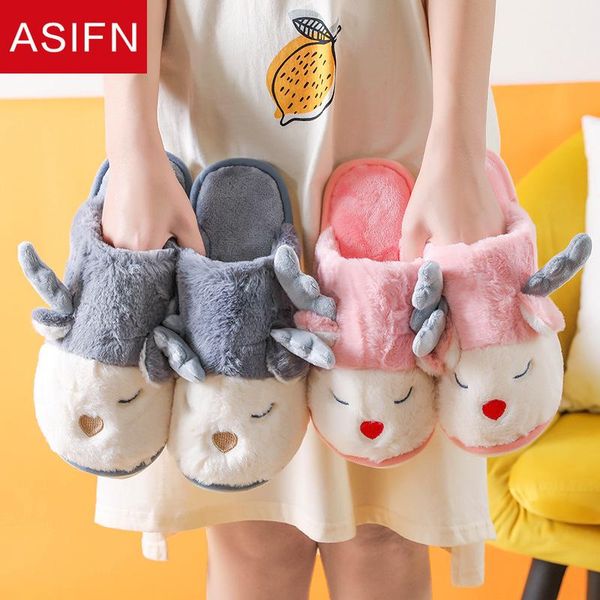 

cute cartoon cotton slippers with fur women winter indoor warmth deer home fluffy men flock shoes, Black