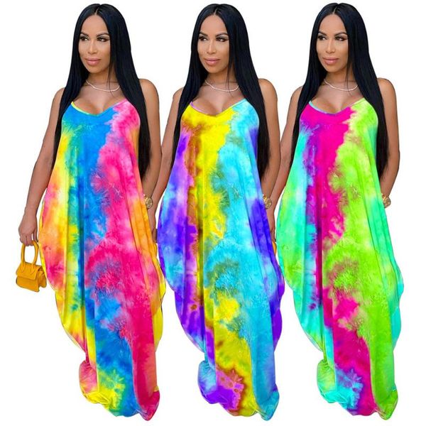 

neon color tie dye print boho maxi dress women spaghetti strap backless beach summer v neck sleeveless holiday casual dresses, Black;gray
