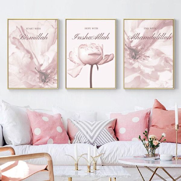 

pink floral islamic canvas mural bismillah prints wall art gifts poster affiche islamiqu painting living room home decor paintings