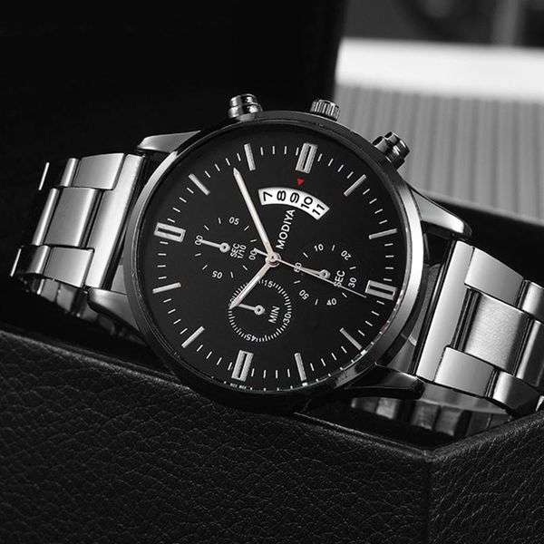 

brand black watches for men gift luxury steel three eyes calendar business wristwatches sport military watch horloges mannen, Slivery;brown