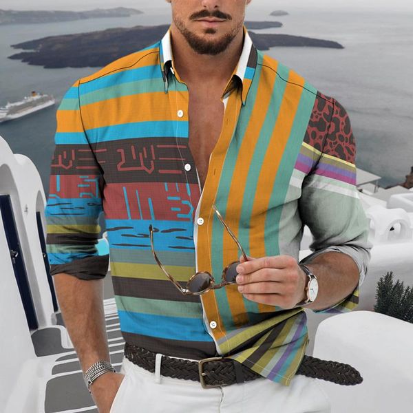 

men's casual shirts 2021 spring autumn fashion for men geometric stripes printing long sleeve turn-down collar buttoned shirt, White;black