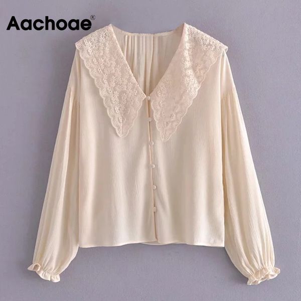 

elegant floral embroidery patchwork shirt blouse women peter pan collar chic sweet long sleeve cotton shirt, Black;white