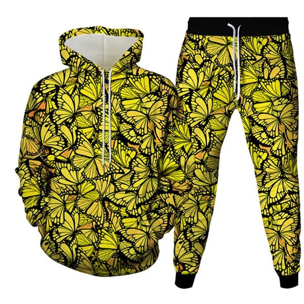 

men's tracksuits blue yellow animal butterfly print women men fashion clothing hoody sweatshirt+jogger pants 2pcssets teens tracksuit s, Gray