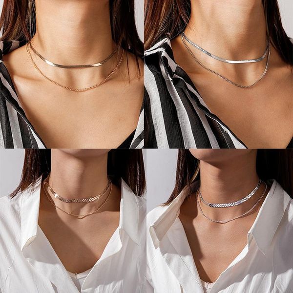 

chains simple gold multilayer fashion necklace clavicle chain shiny collar men women couple snake bone minimalism, Silver