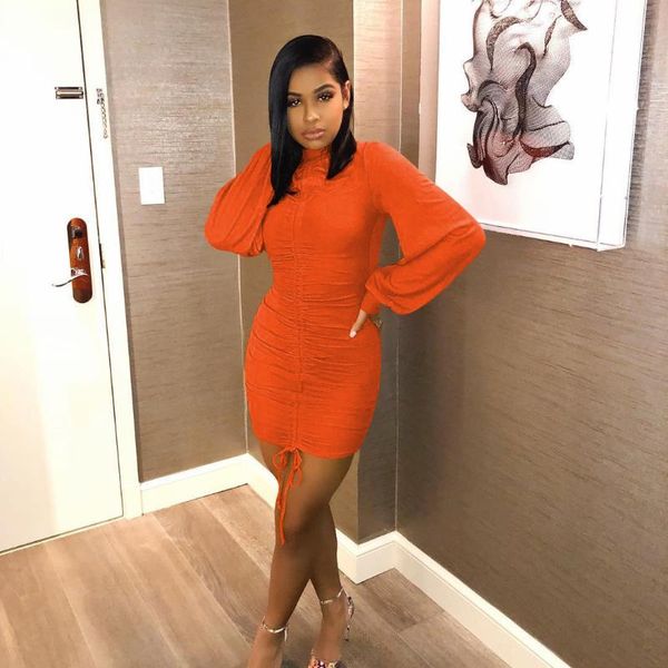 

casual dresses hirigin long sleeve women skinny autumn mini dress drawstring lantern orange vintage vestidos party club outfits, Black;gray