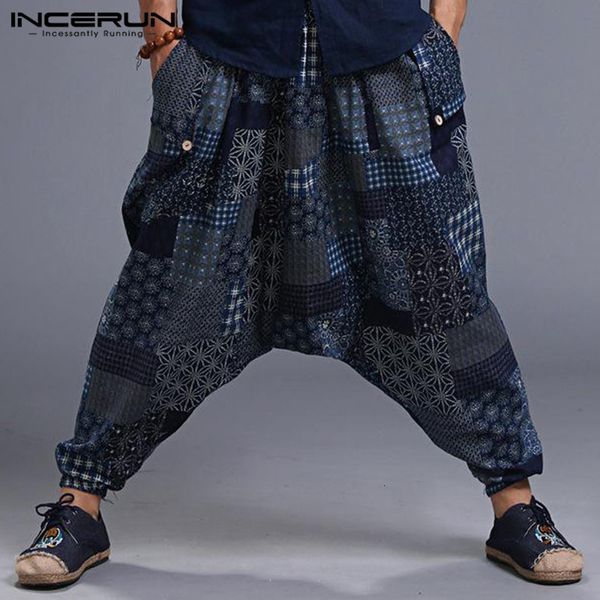 

men's pants incerun plus size print vintage harem drop crotch cotton hip-hop women casual streetwear baggy trousers g7vx, Black