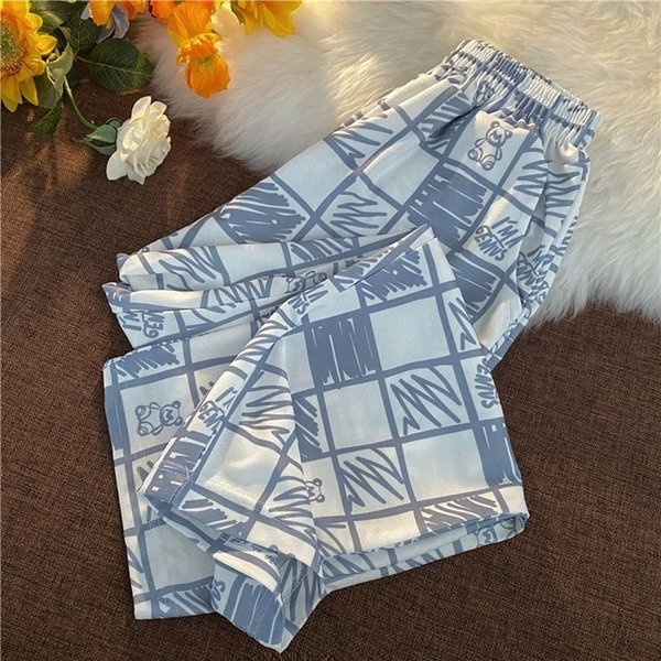 

kawaii plaid pants women summer 2021 fashion bear print wide leg pants high waist streetwear casual trousers, Black;white