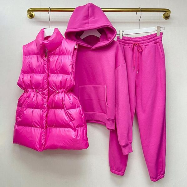

women's two piece pants high-quality casual three-piece down cotton vest jacket sports plus fleece hoodie winter suit, White