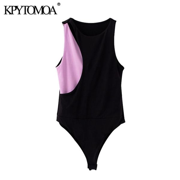 

women fashion patchwork stretch slim bodysuits sleeveless hollow out female playsuits chic 210420, White;black