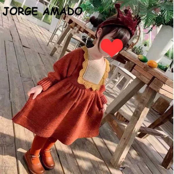 

spring girl sweater dress caramel color long puff sleeve knitted wool children clothing e01 210610, Red;yellow