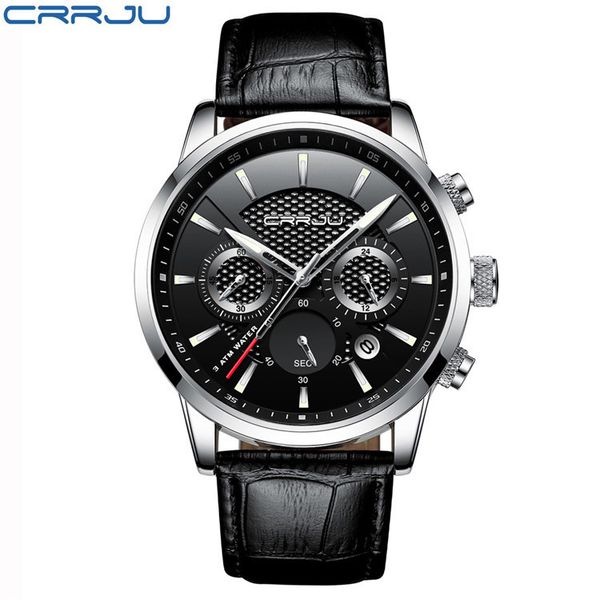 

crrju 2212 branded fashion boys watches casual business chronograph quartz waterproof wristwatch black leather strap luxury tastes relogio m, Slivery;brown