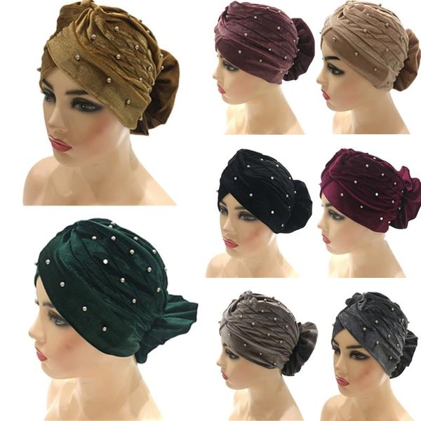 

ethnic clothing vevlet flower turban women muslim hijab beanie bonnet chemo cap hair loss cover beads skullies cross head scarf wrap, Red