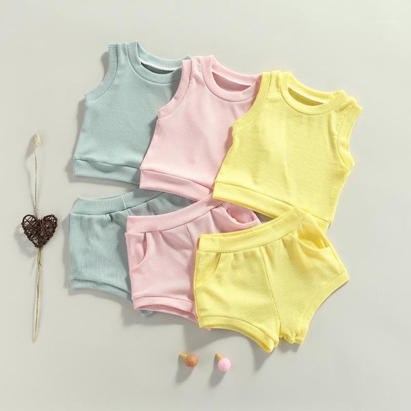 

clothing sets 2pcs little girls boys outfit toddlers summer creative solid color sleeveless round collar + shorts set11, White