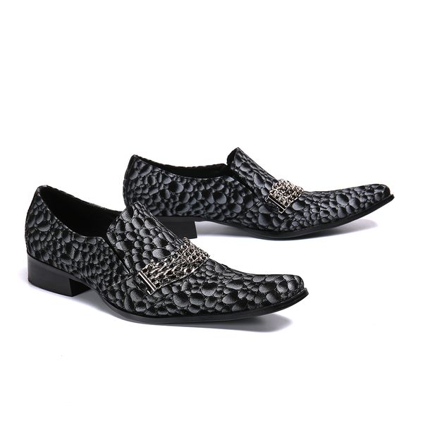 

sapatos masculino men dress business formal shoes men genuine leather chain shoes slip on pointed toe unique pattern shoes, Black