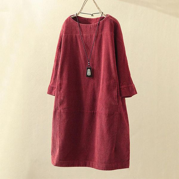 

spring autumn corduroy dress women three quarter sleeve round neck casual loose dresses 10 colors plus size female robe vestidos, Black;gray