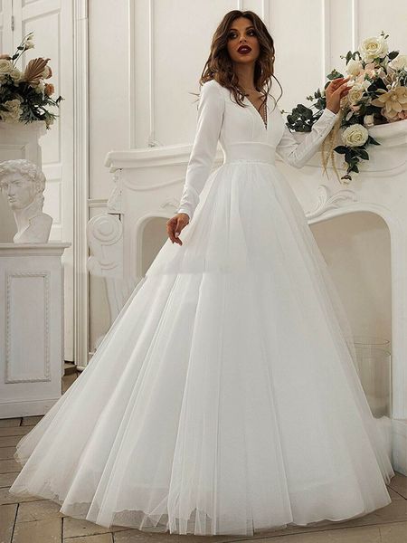 

modest wedding dress a line long sleeves v neck beading muslim bridal gowns tulle sweep train bride dresses plus size, White