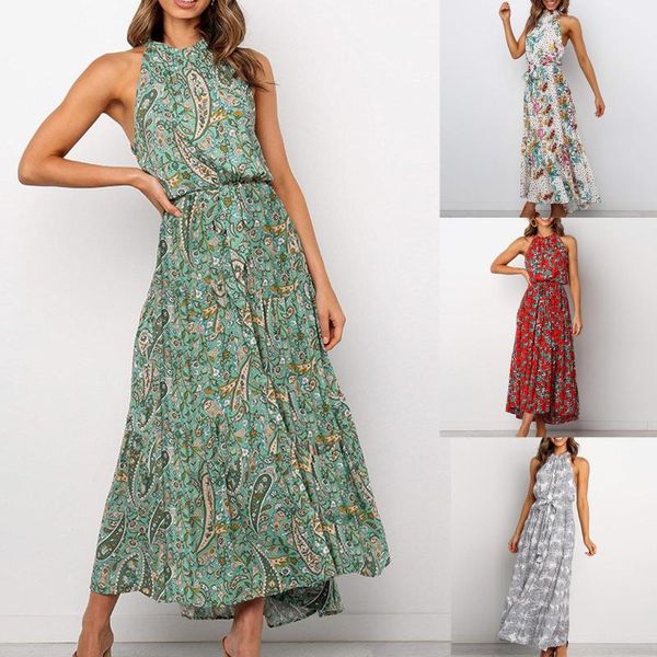 

35#fashion women's summer dress boho floral printing broken flower sleeveless long dresses for women vestido de mujer casual, Black;gray