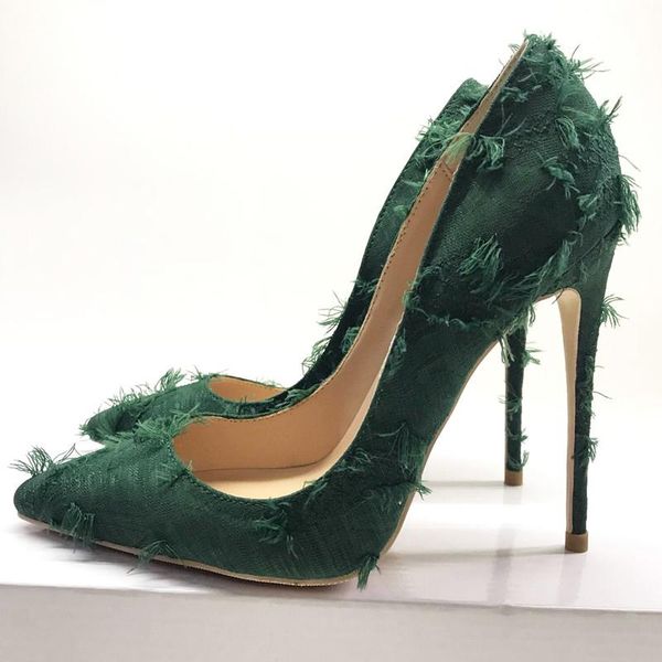 

factory frazzled tassel cloth pumps ladies evening thin high heels pointed toe stilettos for woman dress shoes, Black