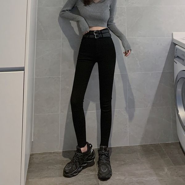 

women's jeans track versatile tight high waist stretch jeans 2021 korean new slim legged pencil pants black, Blue